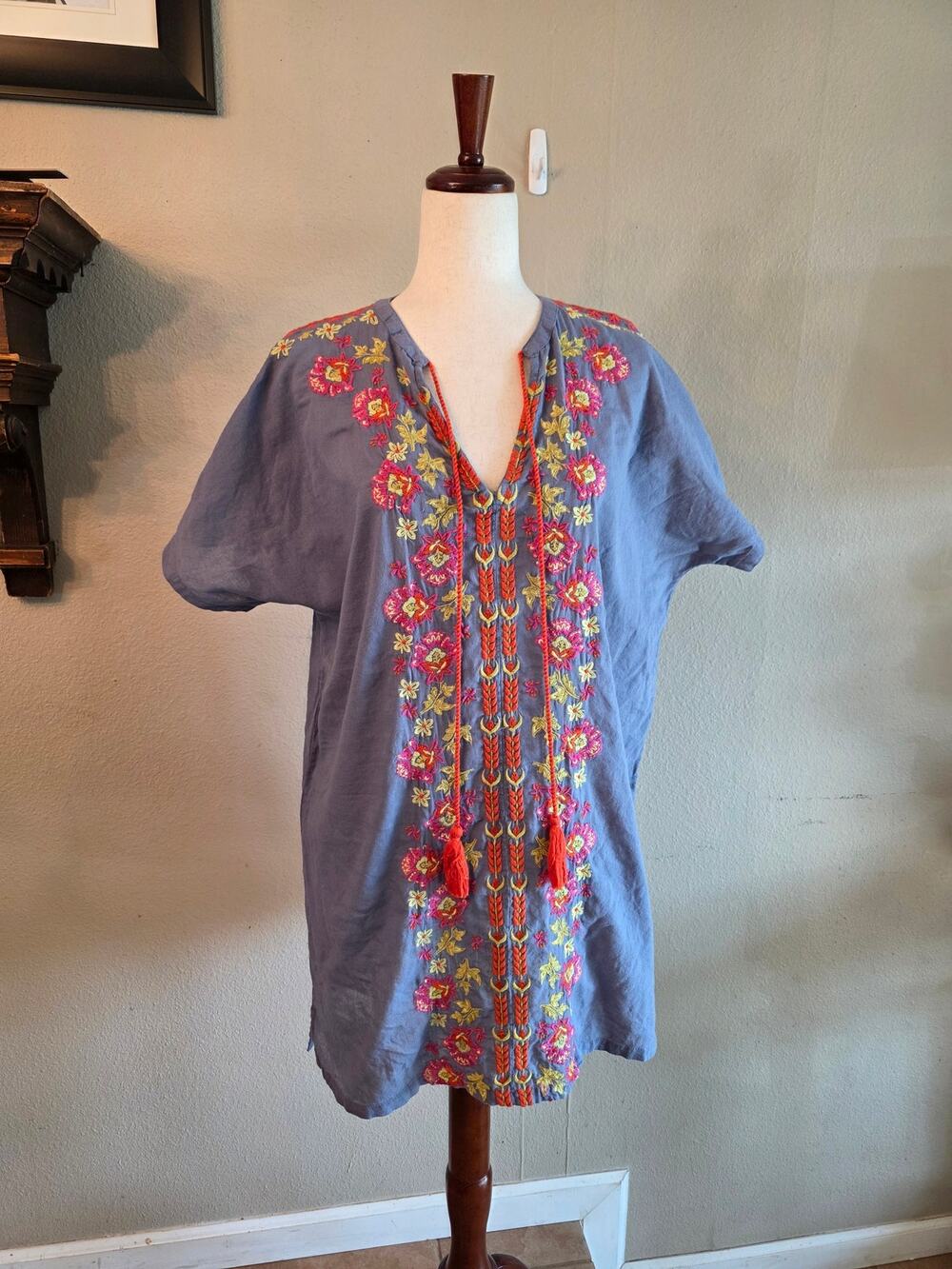 Natural Life Women's Embroidered Boho Tassel Dress Coverup SZ Large Peasant